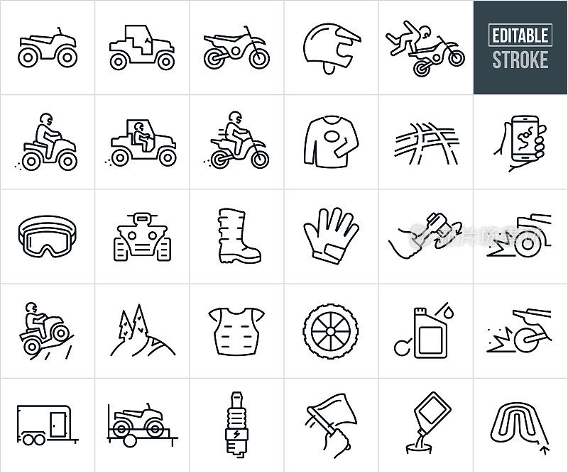 土地车,ATV, UTV和越野车细线图标-可编辑的笔画